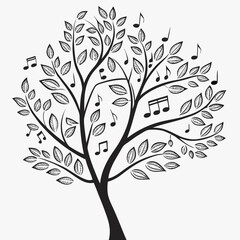 Obraz premium Whimsical black silhouette tree adorned with musical notes and detailed leaves against a clean white background