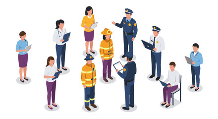 Diverse professions gathered in isometric design featuring emergency personnel and office workers