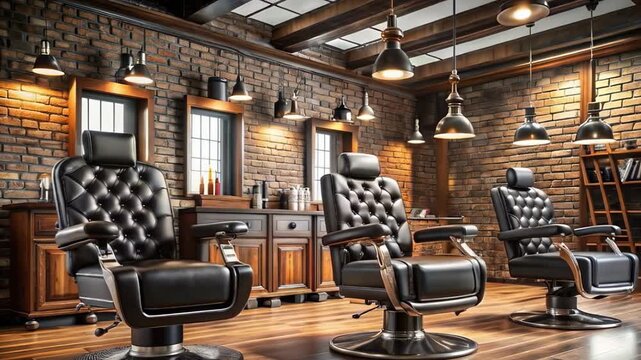 Luxurious black leather barber chairs on wooden floor in foreground, brick walls, mirrors and pendant lights in background, wood cabinetry and tools around, retro industrial grooming atmosphere