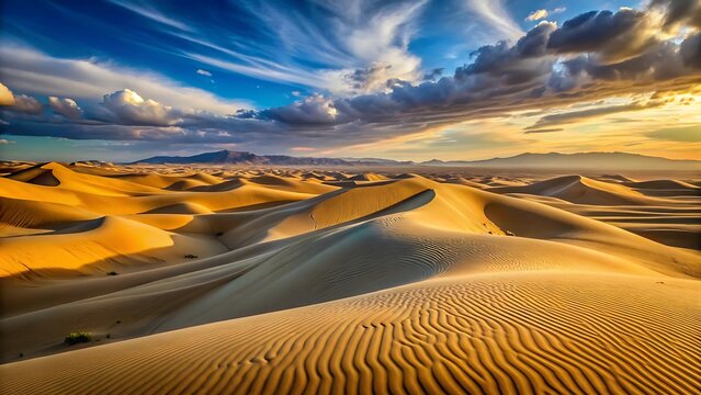 Vibrant desert landscape at sunset majestic sand dunes under a dramatic colorful sky stunning natural scenery