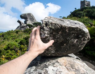 A hand touches a large rock on a hillside