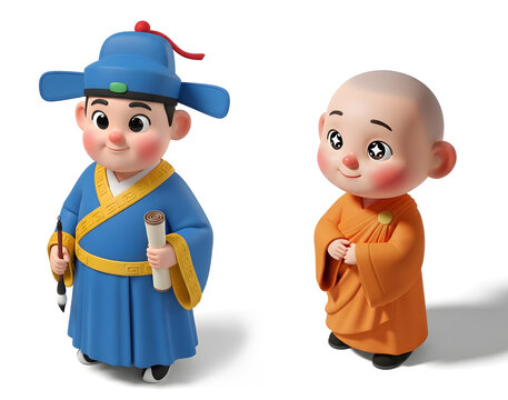 Adorable 3D animated Chinese scholar and young monk characters radiate ancient wisdom and spiritual tranquility, perfect for engaging cultural content.
