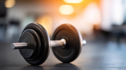Fototapeta premium Blurred gym interior featuring exercise equipment and dumbbells for fitness enthusiasts during early morning hours