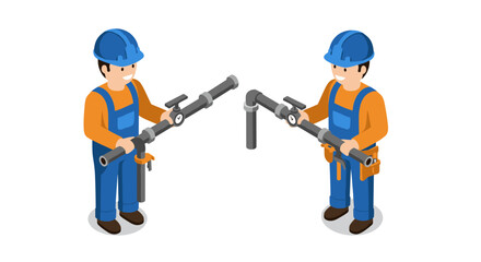 Isometric workers fixing pipes in industrial safety gear on white background