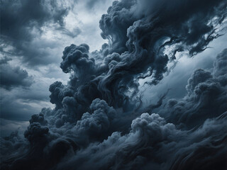 Dramatic dark storm clouds swirling with hints of turquoise light creating a powerful and ominous natural phenomenon in the sky.