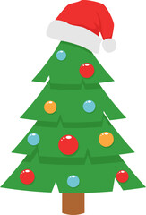 Christmas tree decorated with Christmas balls and red Santa hat.  Vector illustration with transparent background.	
