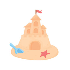 A beautiful sandcastle with a shovel and starfish. Beach fun with kids. Sand building.