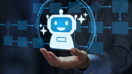 Agentic AI for workflow automation. Intelligent process automation. Businessperson holding artificial intelligence robot icon in workflow diagram.