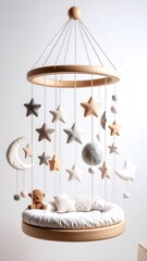 A hanging mobile with stars, moons, and a teddy bear.  Soft colors, serene