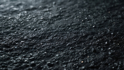 Close-up view of densely packed black granular material with subtle hints of dark blue and green textures in the background creating an abstract visual.