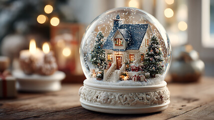 Snow globe featuring cozy snow-covered house and glowing Christmas tree, surrounded by festive New Year’s ornaments, gentle snowfall creating magical holiday ambiance.