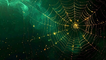 Naklejka premium Halloween gradient wallpaper with green black tones and golden glowing spider web