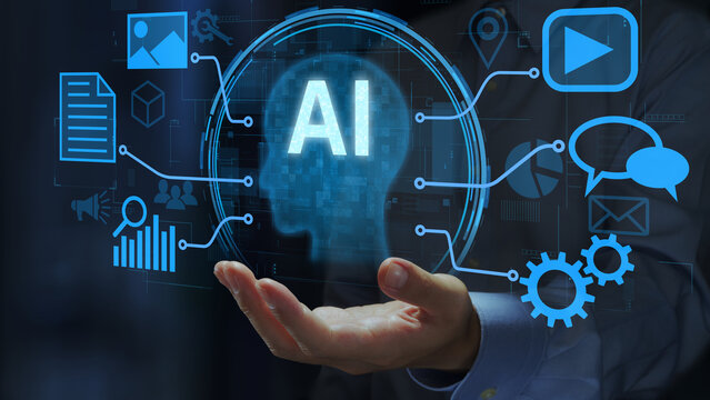 Multimodal generative AI. Agentic AI for workflow automation as business process support tool. Businessperson holding an artificial intelligence icon.