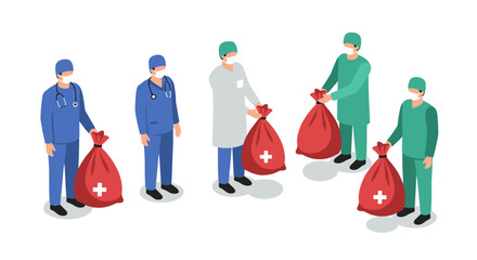 Healthcare professionals safely handling medical waste in isometric style