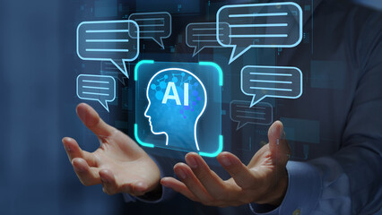 AI-powered enterprise chat system. Conversational AI knowledge assistant. Businessperson holding artificial intelligence icon.