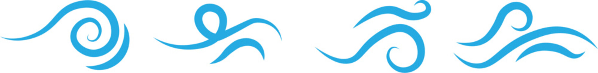 Wind air line effect in doodle style. Wind blow line icon set. sea wave icon, wind blowing icon. Blue and black hand drawn wind swirls and gusts. Decorative breeze symbols for weather, nature, and cli
