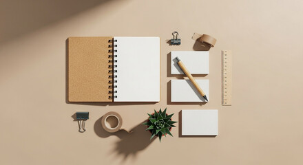 Overhead view of a notebook, business cards, pencil, ruler, tape, and plant