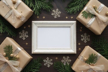 Festive Holiday Still Life with Wrapped Gifts, Decorations, and an Empty Frame for Personalized Greetings