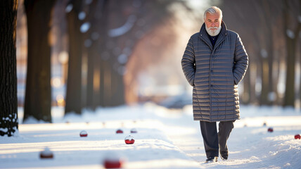 Elderly man walking in snow-covered park during winter time