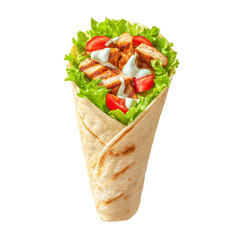 Fresh grilled chicken wrap with lettuce and tomato, a healthy and delicious meal PNG set Transparent background