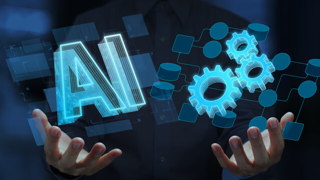 AI-powered ETL pipelines and intelligent data integration. Data processing and workflow orchestration. Engineer holding artificial intelligence and gear icons in dataflow diagram.