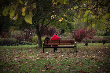 Man in a red jacket sitting on a bench in an autumn park surrounded by fallen leaves and trees, capturing cozy fall vibes and peaceful seasonal atmosphere.