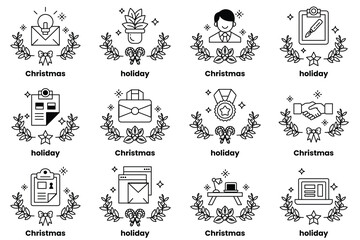 Set of illustrations in the concept of business and Christmas holidays in line art style