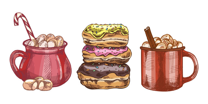 Hand drawn vintage sketch of hot cocoa mugs with marshmallows and glazed donuts in colorful festive style