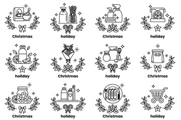 set of illustrations in the concept of Christmas items and holidays in line art style