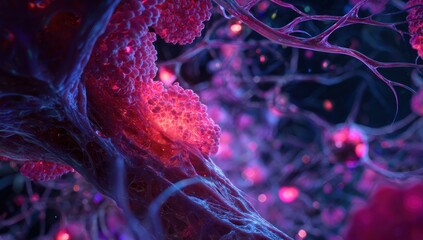 Microscopic view of vibrant pink cells and intricate neural network connections.
