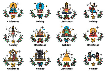 Fototapeta premium Set of illustrations in the concept of Asian culture and Christmas holidays in line art style