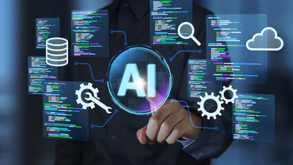 AI coding solution. Assisting software development and automating tasks. Programmer generating code to create applications. © tadamichi