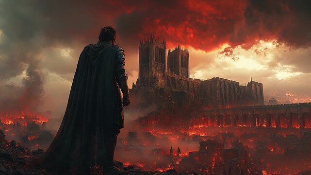 The Last Stand - A Lone Figure Amidst a Burning City.