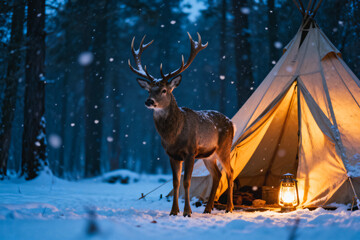 Majestic stag stands by a glowing lantern outside a winter tent during gentle snowfall in a silent forest—wild nomad mood. generative AI