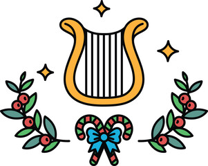 A black and white drawing of a harp with a bow and leaves