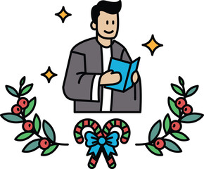 A man is reading a book in front of a wreath