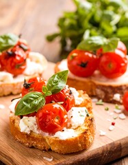 Bruschetta appetizers with toasted bread, cherry tomatoes, and herbs
