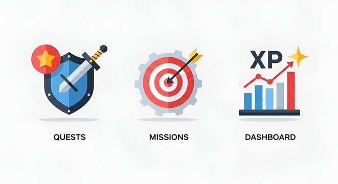 Illustration of quests, missions, and dashboard icons for game progress tracking and achievement