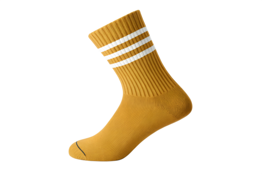 Yellow athletic sock with white stripes isolated on transparent background