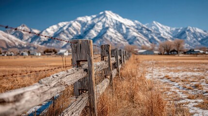 Rustic wooden fence in a vast winter landscape with golden dry grass and majestic snow-capped mountains under a clear blue sky.