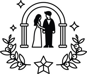 A couple is standing under an archway