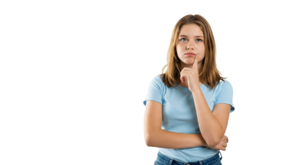 Thoughtful Teenage Girl in Blue T-Shirt Standing with Hand on Chin, Looking Up in Deep Thinking Pose on White Background – Concept of Decision Making, Curiosity, Doubt, and Problem Solving