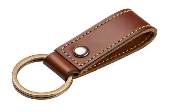 Brown leather keychain with metal ring isolated on transparent background