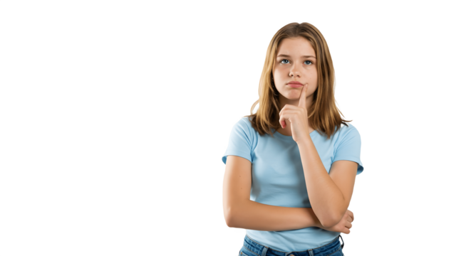 Thoughtful Teenage Girl in Blue T-Shirt Standing with Hand on Chin, Looking Up in Deep Thinking Pose on White Background – Concept of Decision Making, Curiosity, Doubt, and Problem Solving