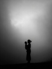 Silhouetted figures of a woman and a child stand together in a foggy setting, creating a peaceful and intimate atmosphere during dusk.