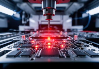 Automated industrial robot arm precisely working on a circuit board isolated on white background
