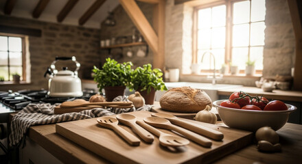 Rustic kitchen counter with bread, tomatoes, herbs, and wooden utensils