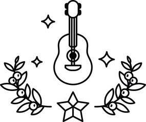 A guitar is surrounded by leaves and stars