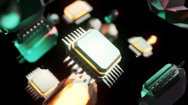 Abstract visualization of floating microchips and geometric shapes in a dark, futuristic setting