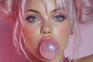 Close-up shot of a girl with pink hair in two buns and pink iridescent makeup with a pink bubble gum in her mouth